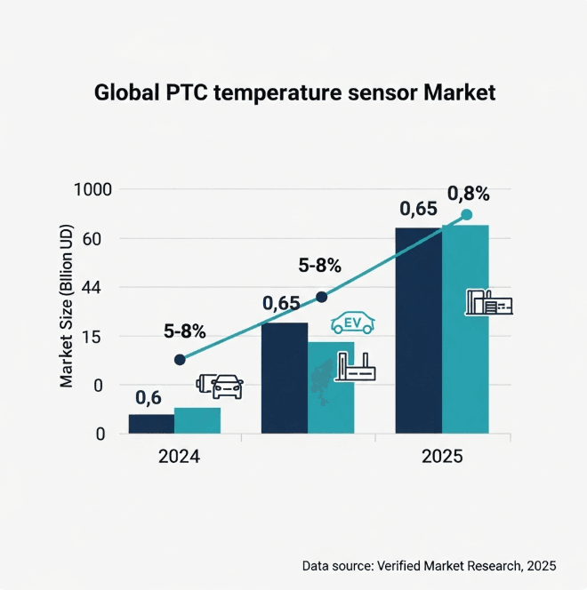 2024–2025 PTC temperature sensor market chart showing steady growth to nearly 0.7 billion USD worldwide. 2024–2025 PTC temperature sensor market chart showing steady growth to nearly 0.7 billion USD worldwide.