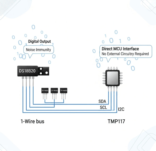 Digital temperature sensor communication diagram showing DS18B20 1-Wire and TMP117 I2C output types.