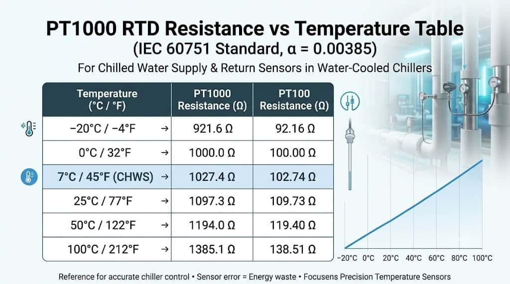PT1000 RTD resistance vs temperature table from -20C to 100C for chiller technicians PT1000 RTD resistance vs temperature table from -20C to 100C for chiller technicians