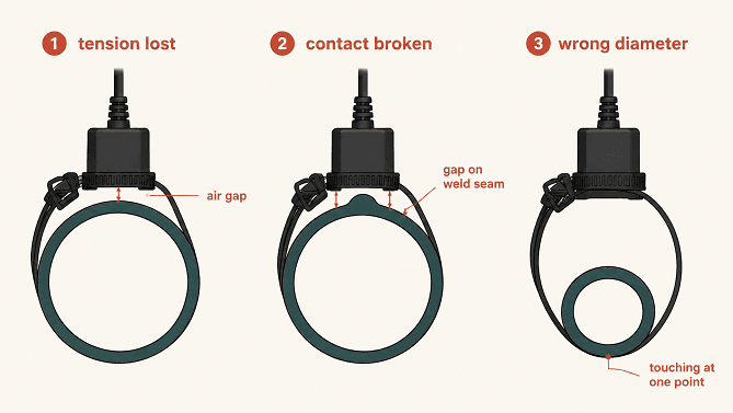 Three pipe sensor mounting failure modes lost strap tension, broken contact on a weld seam, and wrong strap diameter