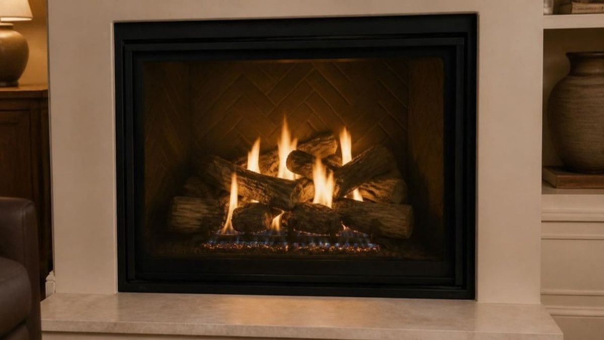 AI-generated illustration of a lit gas fireplace with ceramic logs behind glass