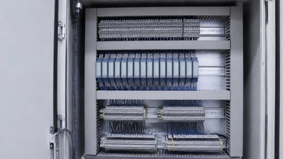 AI-generated illustration of a control cabinet with analog input terminal blocks