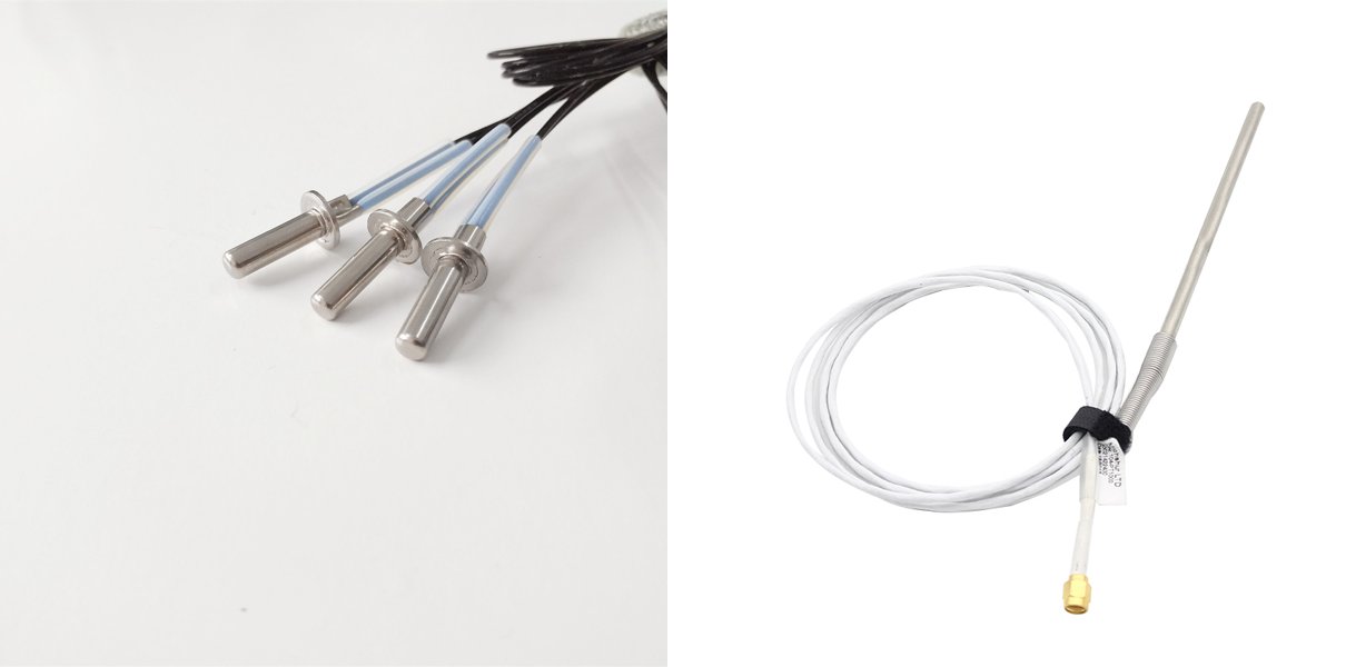 Focusens stainless steel NTC thermistor probes next to a Focusens thermocouple probe