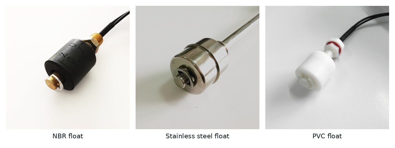 Focusens float level switches with NBR, stainless steel and PVC floats on reed switch stems