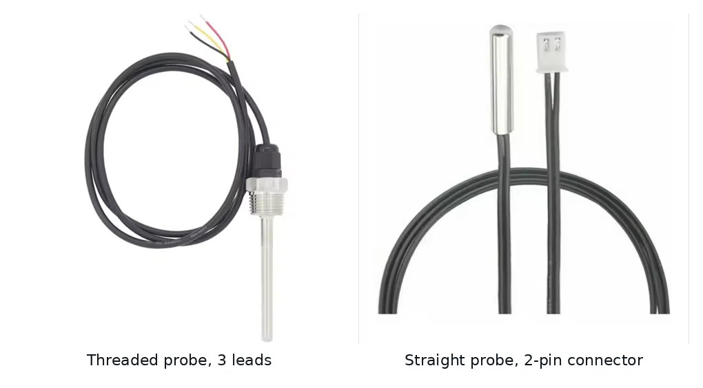 Focusens PT100 and PT1000 RTD probes: a threaded stainless probe with three leads and a straight stainless probe with a two-pin connector