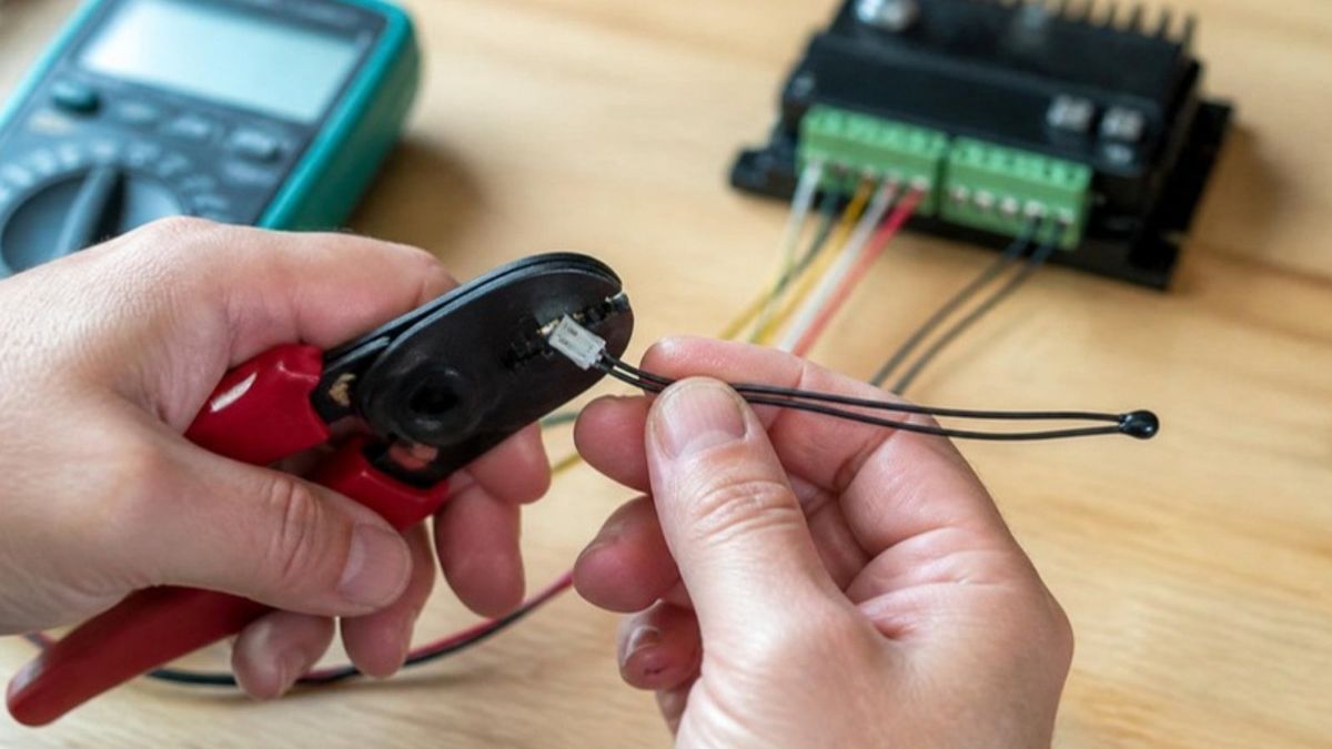 AI-generated illustration of a technician crimping a connector onto an NTC thermistor cable
