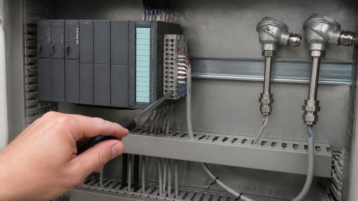 AI-generated illustration of RTD probes wired to a PLC input module in a control cabinet