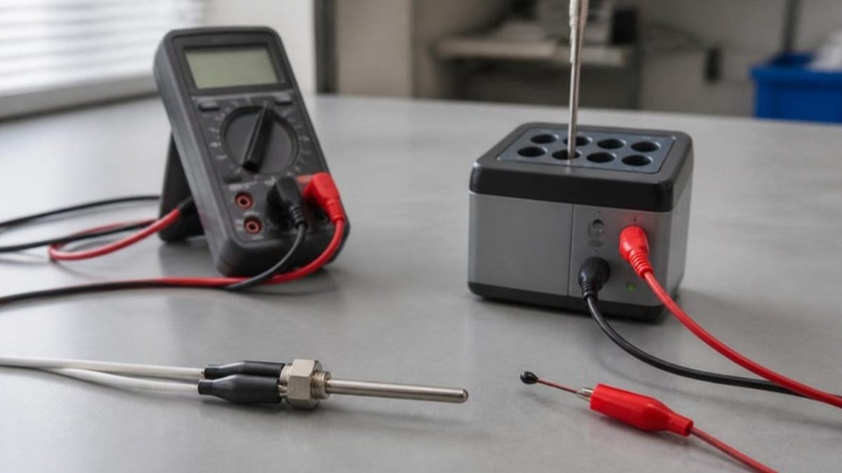 AI-generated illustration of a PT100 RTD probe and an epoxy NTC thermistor connected to a multimeter on a test bench