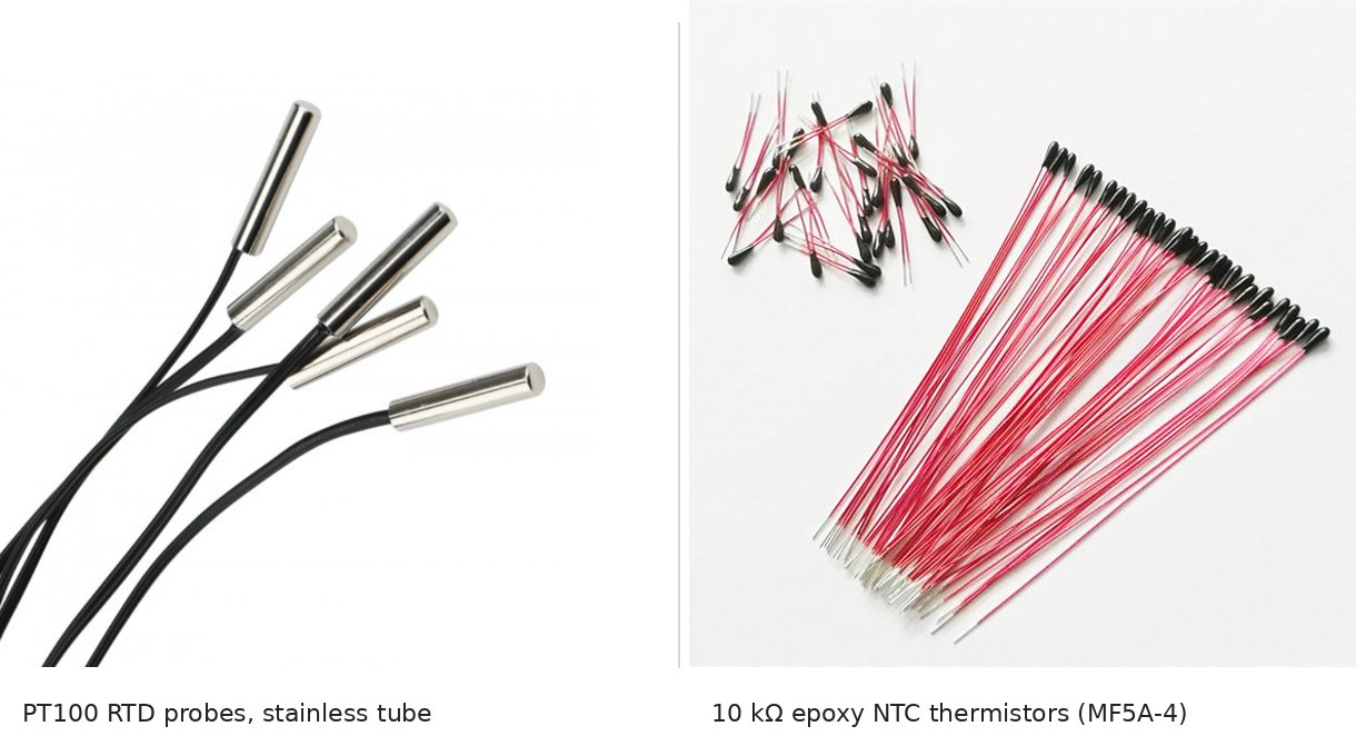 Focusens PT100 RTD probes in stainless steel tubes with black cable beside a bundle of MF5A-4 epoxy NTC thermistors with red leads