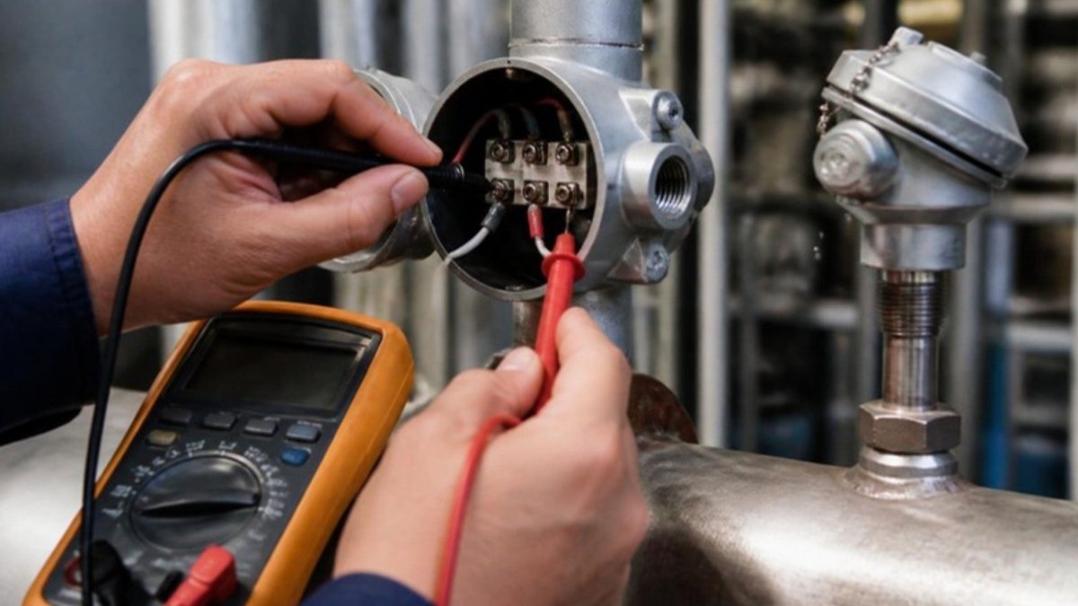 AI-generated illustration of a technician measuring a 3-wire PT100 RTD with a multimeter at a junction box