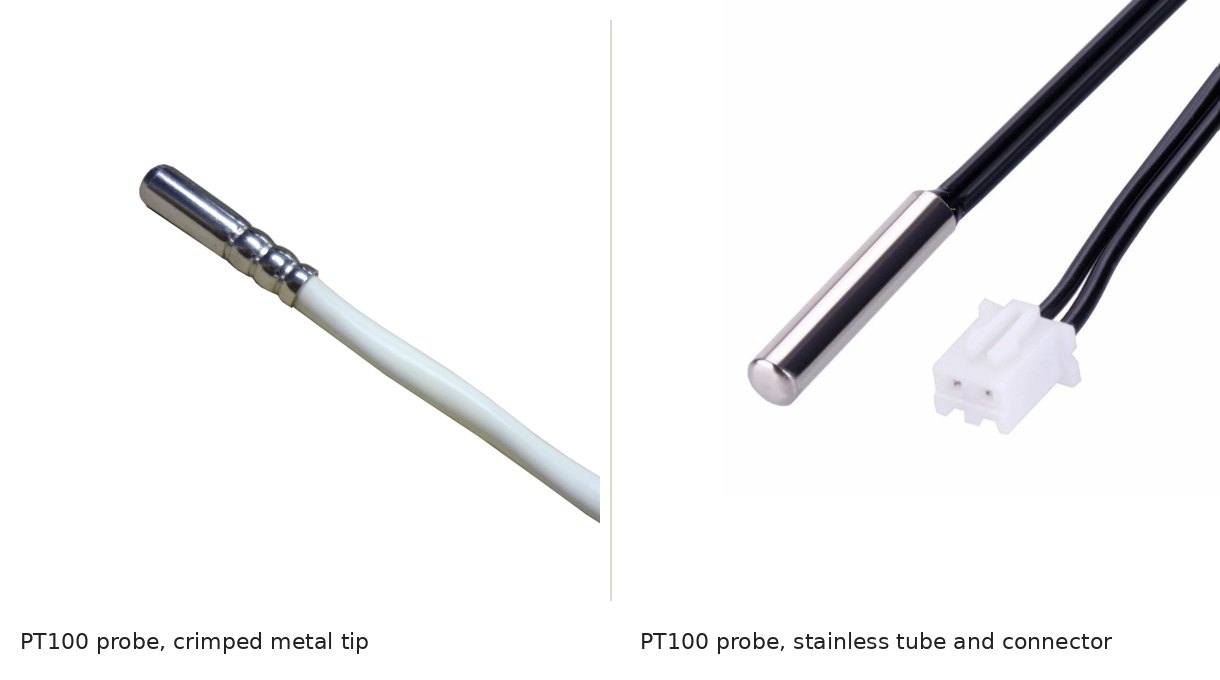 Two Focusens PT100 RTD probes: one with a crimped metal tip and white cable, one with a stainless steel tube, black leads and a white two-pin connector